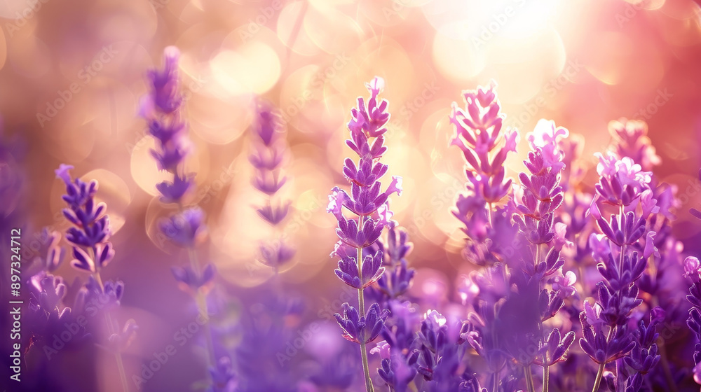 Naklejka premium Close-up photo of a delicate lavender flower field, featuring an abstract purple floral background. The image highlights the aromatic beauty of spring nature.
