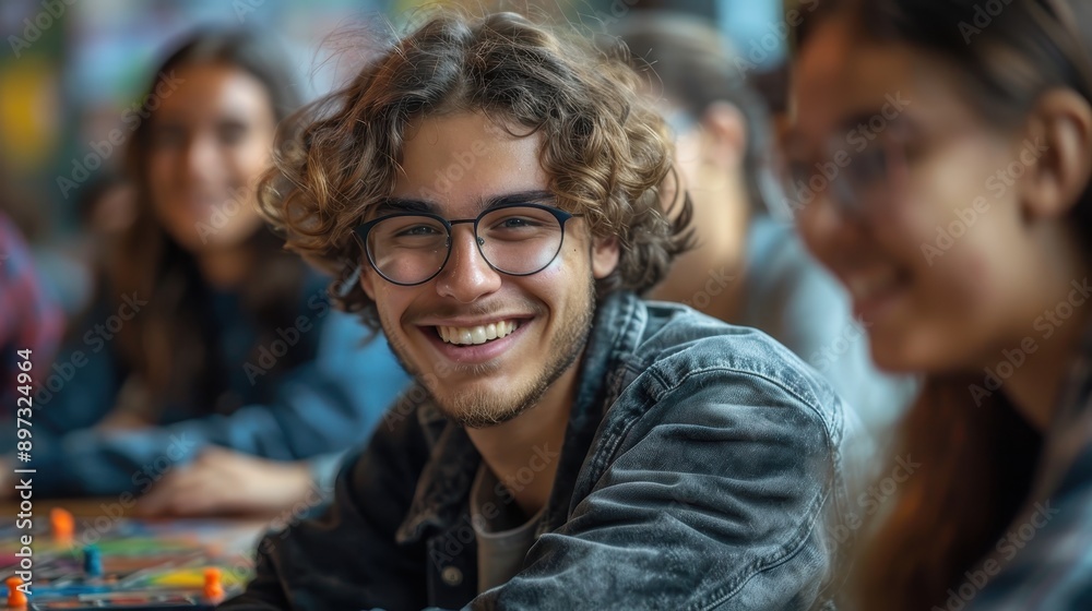 A young man with curly hair and glasses smiles cheerfully as he enjoys playing board games with friends in a lively, colorful indoor setting. A young man with curly hair and glasses smiles cheerfully as he enjoys playing board games with friends in a lively, colorful indoor setting.