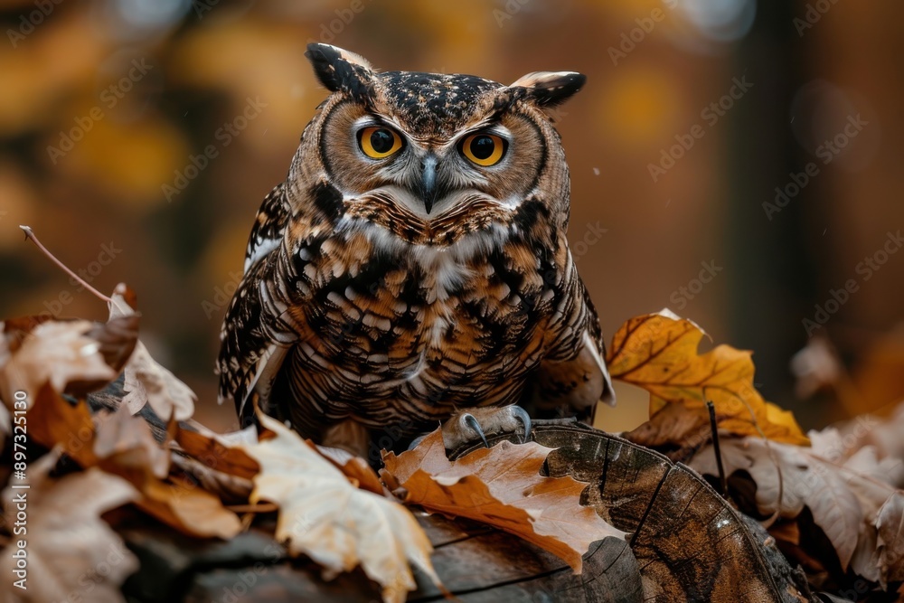 An expressive owl rests on a log covered with dry autumn leaves, the browns and oranges providing a harmonious backdrop to its captivating, wise gaze in a forest setting. An expressive owl rests on a log covered with dry autumn leaves, the browns and oranges providing a harmonious backdrop to its captivating, wise gaze in a forest setting.