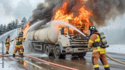 Firefighters Respond to Burning Oil Tanker Truck Accident with Foam Extinguishing Effort