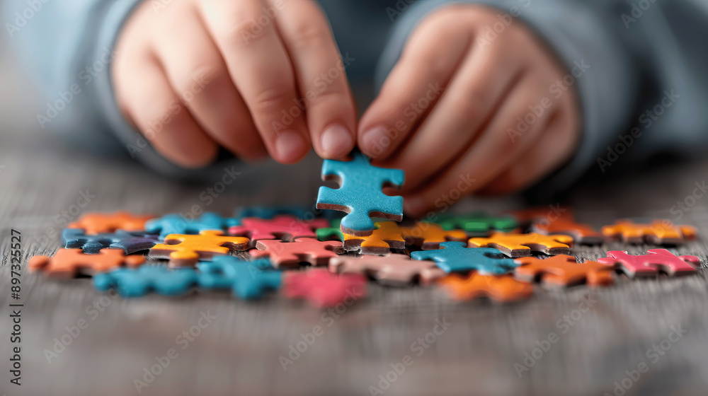 Close-up of hands solving a colorful jigsaw puzzle on a wooden surface, focusing on fun and challenging puzzle pieces. Close-up of hands solving a colorful jigsaw puzzle on a wooden surface, focusing on fun and challenging puzzle pieces.