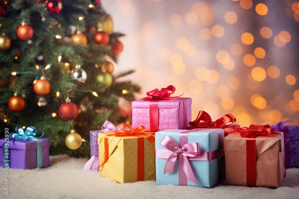 Festive gifts beside a glowing Christmas tree Festive gifts beside a glowing Christmas tree
