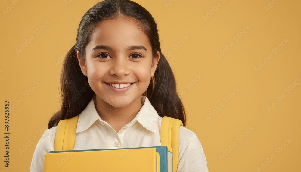 Obraz premium A happy hispanic or latino schoolgirl with a book and backpack, dressed in a shirt, smiles warmly against a yellow background, embodying the positive spirit of school and learning