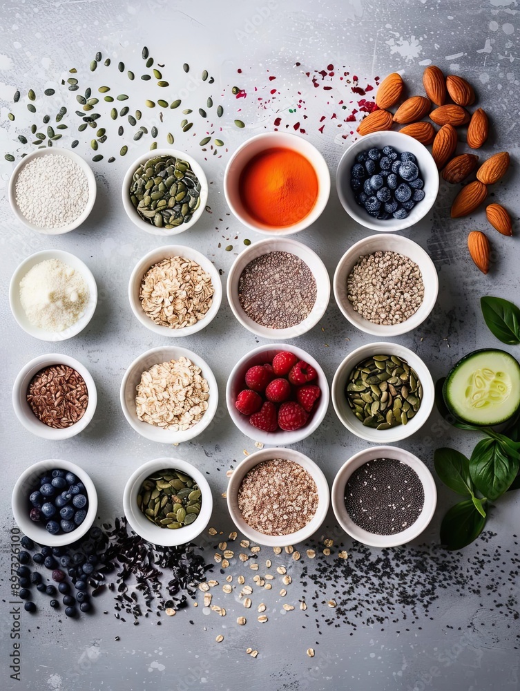 A colorful arrangement of various healthy ingredients in bowls, perfect for meal prep and nutritious cooking inspiration. A colorful arrangement of various healthy ingredients in bowls, perfect for meal prep and nutritious cooking inspiration.