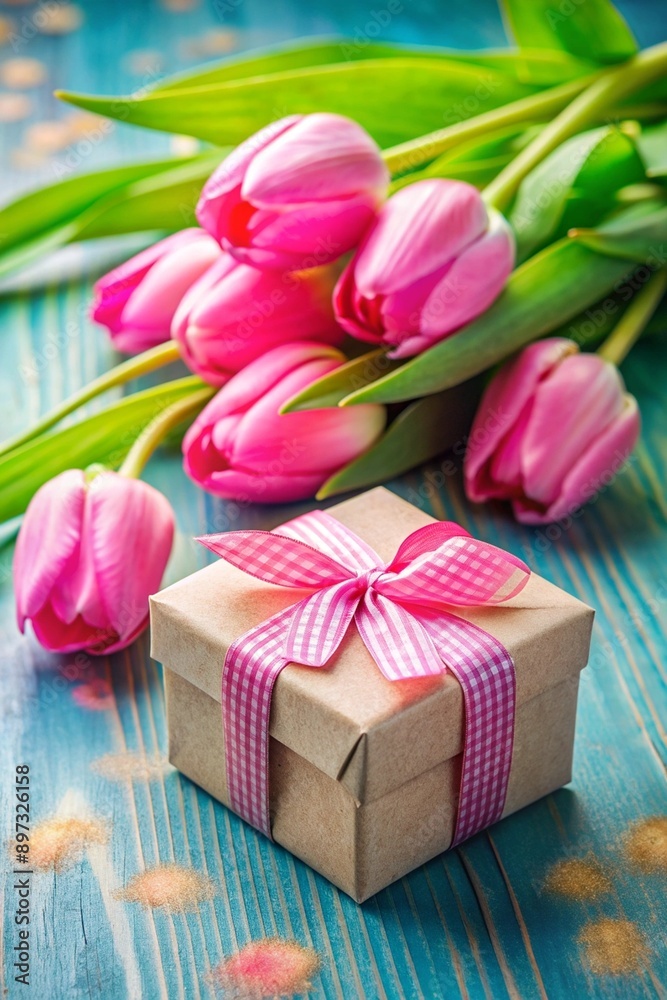 Light pink tulips flowers and a gift Light pink tulips flowers and a gift