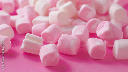 A bunch of marshmallows are scattered on a pink background