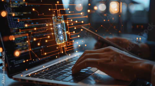 Cybersecurity concept with person typing on laptop surrounded by digital network