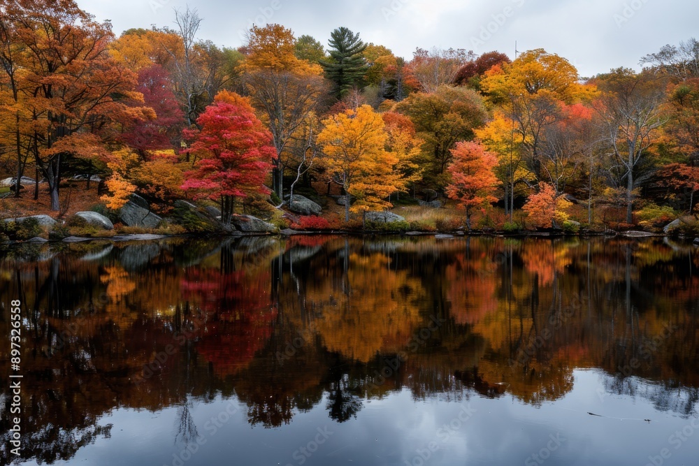 An enchanting view of fall foliage in vibrant hues of red, orange, and yellow surrounding a serene forest lake, offering a tranquil and picturesque natural setting. An enchanting view of fall foliage in vibrant hues of red, orange, and yellow surrounding a serene forest lake, offering a tranquil and picturesque natural setting.