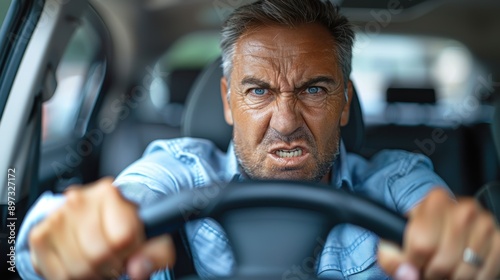 Angry man gripping the steering wheel in a car, emphasizing road rage and driving stress. photo