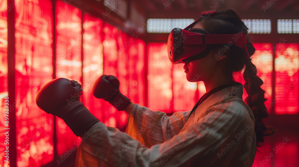 A woman wearing a VR headset and gloves practices kickboxing in a virtual dojo with a red-lit backdrop. A woman wearing a VR headset and gloves practices kickboxing in a virtual dojo with a red-lit backdrop.