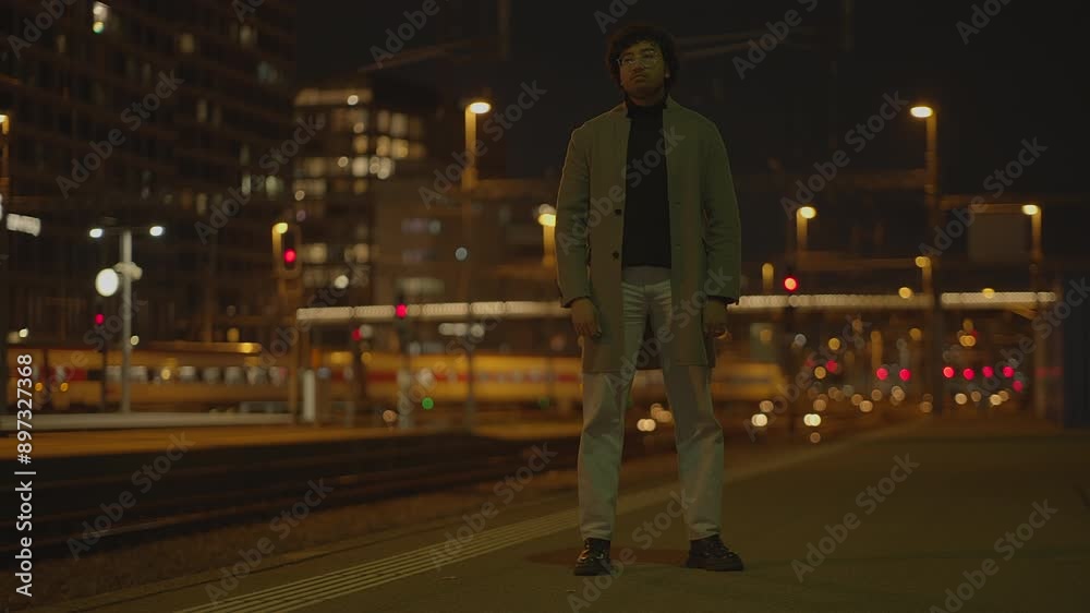 Urbanite at night train station in modern city waits under streetlights, surrounded by mystery Urbanite at night train station in modern city waits under streetlights, surrounded by mystery