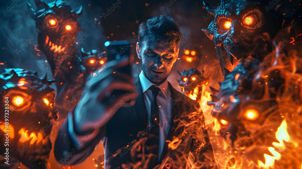 Businessman Takes Selfie with Demonic Entities in Dark Fiery Underworld Environment with Intense Warm Lighting and Glowing Eyes Businessman Takes Selfie with Demonic Entities in Dark Fiery Underworld Environment with Intense Warm Lighting and Glowing Eyes