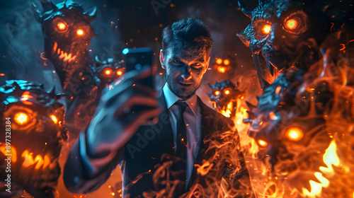 Businessman Takes Selfie with Demonic Entities in Dark Fiery Underworld Environment with Intense Warm Lighting and Glowing Eyes