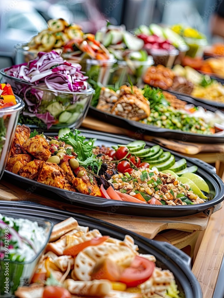 A vibrant spread of fresh, colorful salads, grilled meats, and sides, showcasing healthy and appetizing meal options. A vibrant spread of fresh, colorful salads, grilled meats, and sides, showcasing healthy and appetizing meal options.