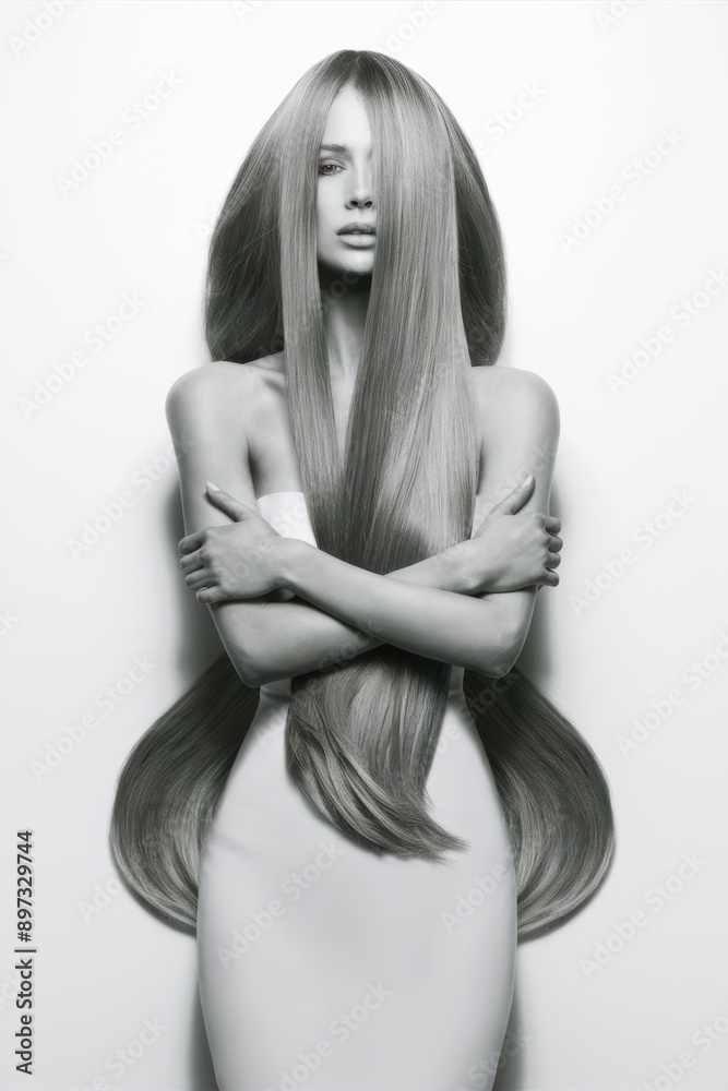 Naklejka premium A woman with long hair posing in a white dress, AI