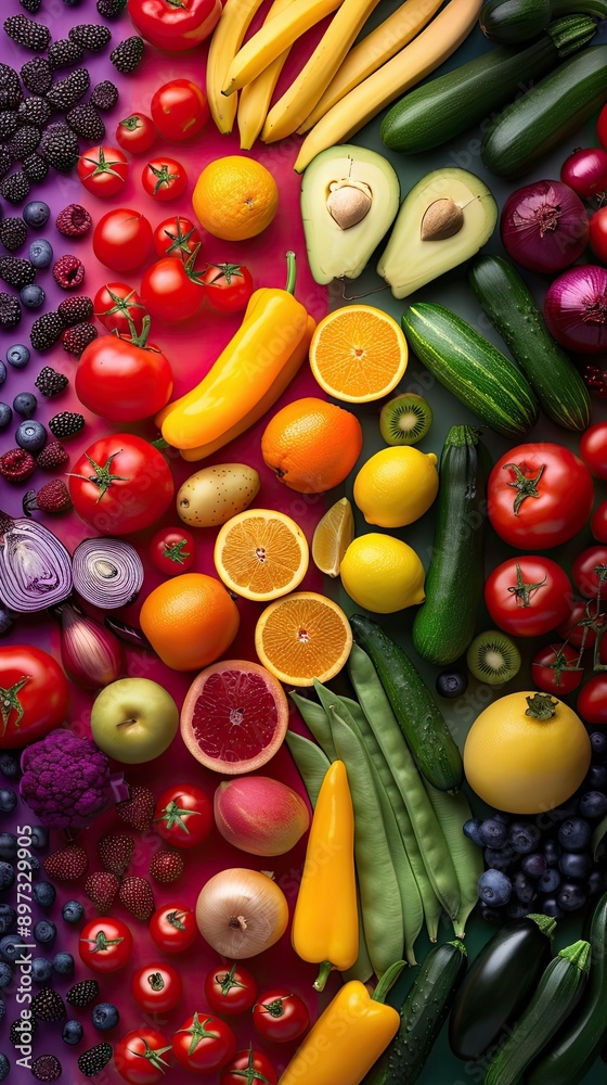 A vibrant array of fresh fruits and vegetables arranged beautifully, showcasing their diverse colors and textures. A vibrant array of fresh fruits and vegetables arranged beautifully, showcasing their diverse colors and textures.