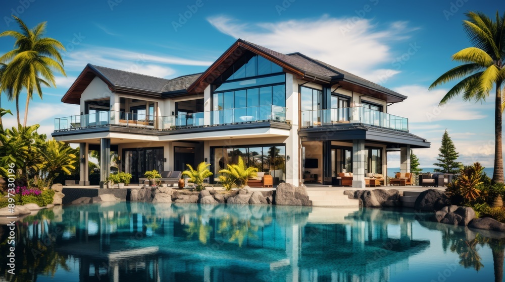 Contemporary pool design in luxury villa mansion surrounded by meticulously landscaped gardens Contemporary pool design in luxury villa mansion surrounded by meticulously landscaped gardens