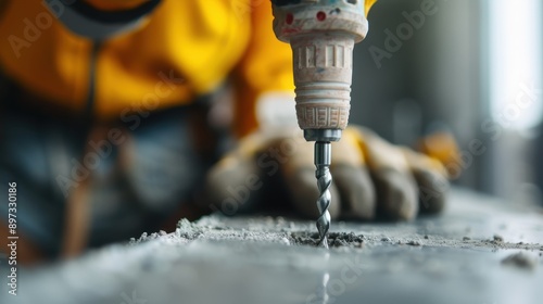 A close-up shot showcases a worker using a power drill to create holes in concrete, emphasizing the strength and focus needed for such demanding work on a construction site. photo