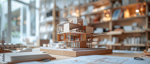 A well-lit architect's workspace with a focus on a draft sketch and a physical building model 