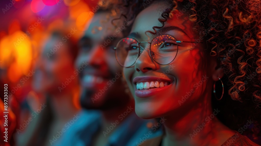 A woman wearing glasses, illuminated by colorful and dynamic lighting, smiles warmly in a vibrant setting, capturing the essence of joy, positivity, and celebratory atmosphere. A woman wearing glasses, illuminated by colorful and dynamic lighting, smiles warmly in a vibrant setting, capturing the essence of joy, positivity, and celebratory atmosphere.