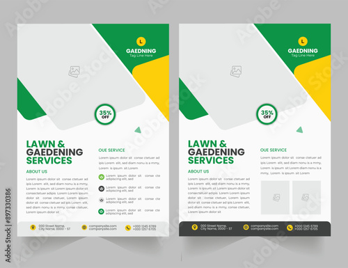 Lawn Mower Garden or Landscaping Agricultural service Design, trifold brochure design template layout vector