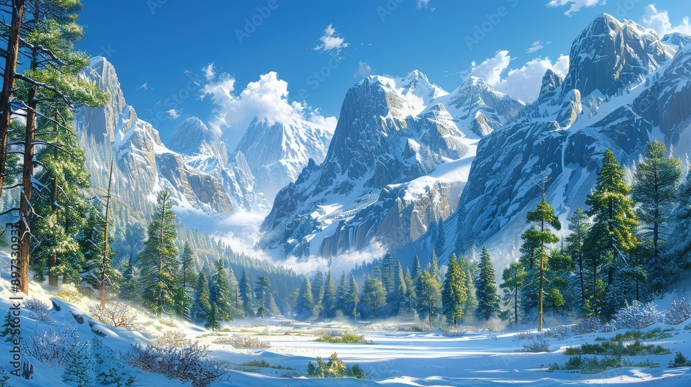 Fototapeta premium Serene Winter Wonderland in the Majestic Mountain Landscape