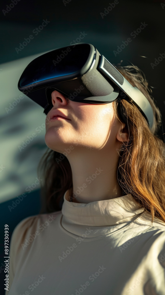 Woman using virtual reality headset, close-up. Futuristic technology and immersive experience concept Woman using virtual reality headset, close-up. Futuristic technology and immersive experience concept