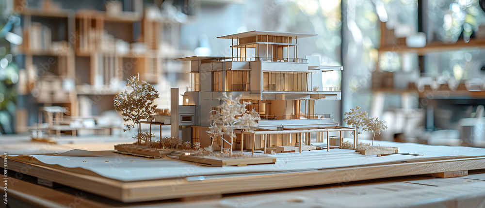 An architect's table with a realistic building model and a comprehensive draft sketch An architect's table with a realistic building model and a comprehensive draft sketch