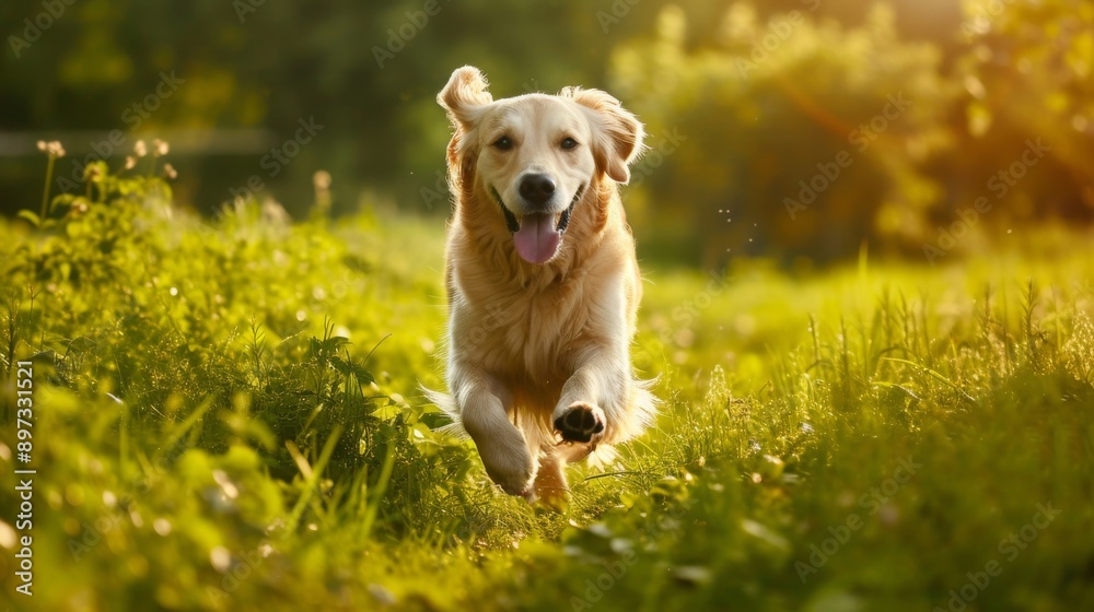 Golden retriever running through a sunny meadow, cheerful pet concept Golden retriever running through a sunny meadow, cheerful pet concept