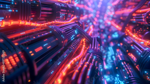 A futuristic scene of glowing cables in a high tech network with a dynamic low angle view  The background features a complex array of servers and digital circuitry creating a bright © KeetaKawee