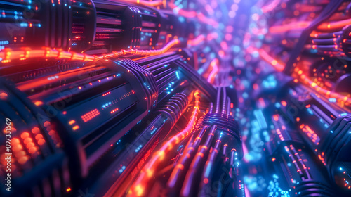 A futuristic scene of glowing cables in a high tech network with a dynamic low angle view The background features a complex array of servers and digital circuitry creating a bright