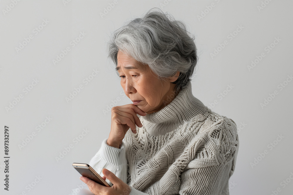 悩みながらスマートフォンを操作するシニアのアジア人女性(下を向く) 悩みながらスマートフォンを操作するシニアのアジア人女性(下を向く)