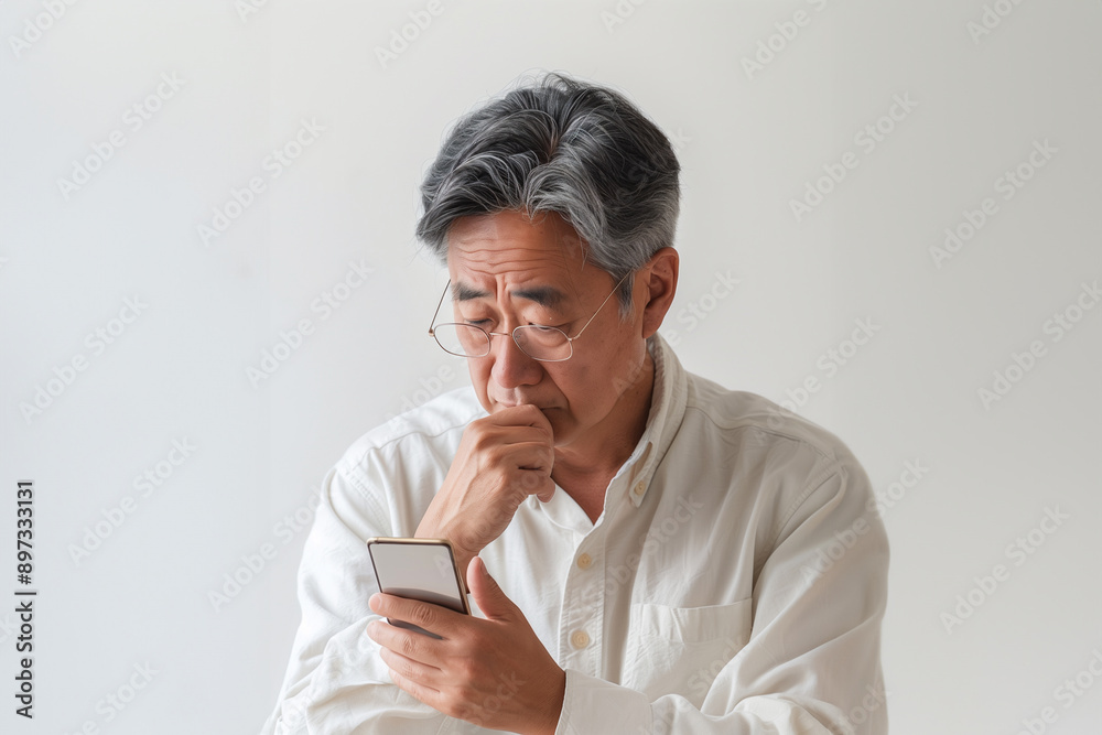 悩みながらスマートフォンを操作するシニアのアジア人男性(下を向く) 悩みながらスマートフォンを操作するシニアのアジア人男性(下を向く)