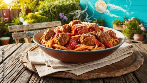 Comfort in a Bowl: Savory Meatball Pasta DelightFully served. photo