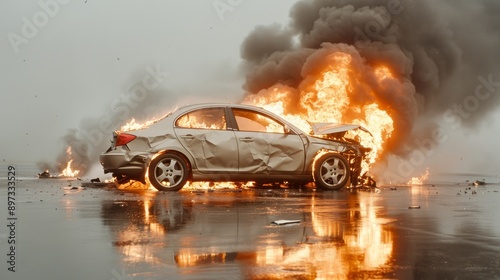 Dramatic Fiery Aftermath of Devastating Car Accident Against Stark White Background