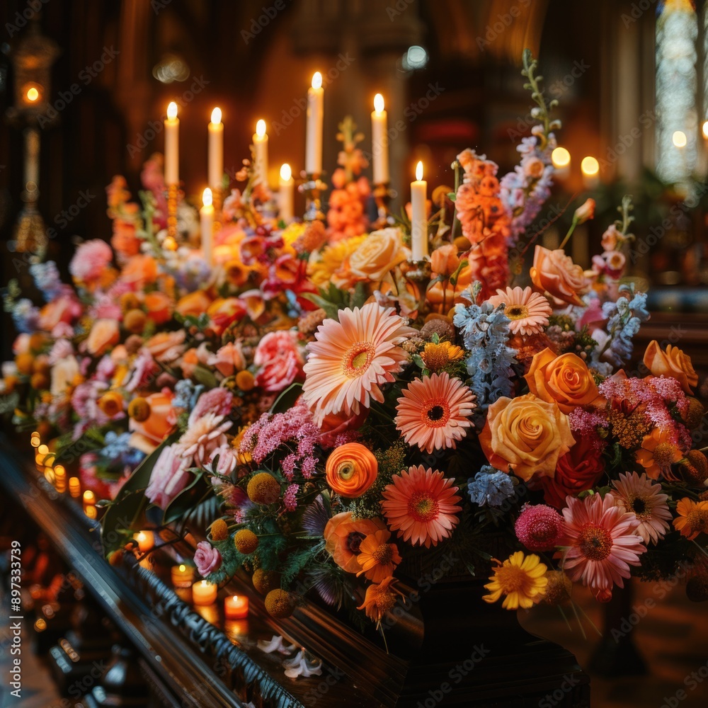 Serene Funeral Scene: Coffin adorned with flowers and candles in a beautiful church ceremony Serene Funeral Scene: Coffin adorned with flowers and candles in a beautiful church ceremony