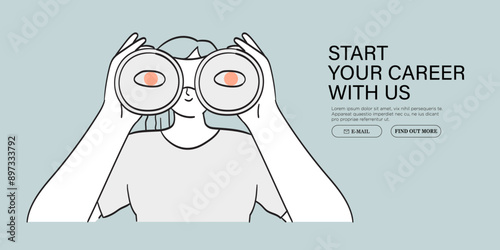 Woman stand and look in binocular searching job or inspiration in doodle outline style. Career or personal growth or choice. Educational process banner, web page or poster for startup or courses.