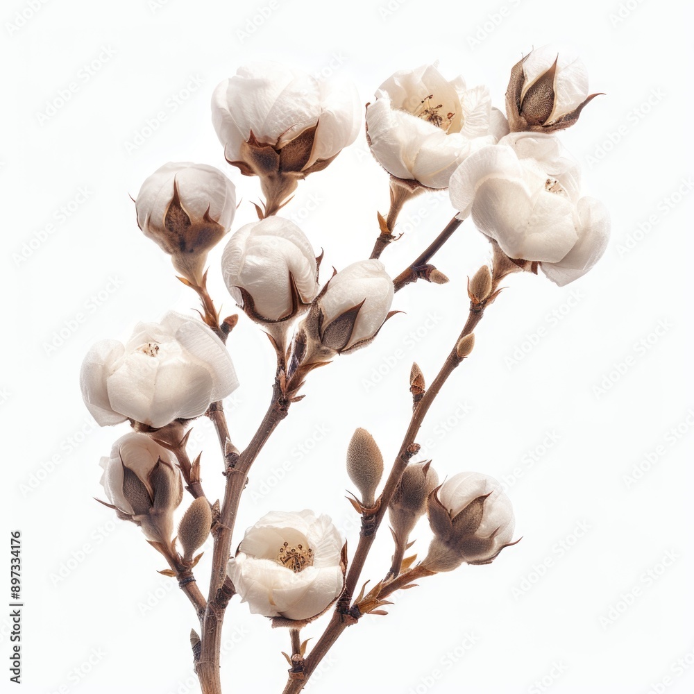 Cotton Branch Blossom with Delicate White Fluff on Pure White, Isolated Transparent Background PNG Cotton Branch Blossom with Delicate White Fluff on Pure White, Isolated Transparent Background PNG