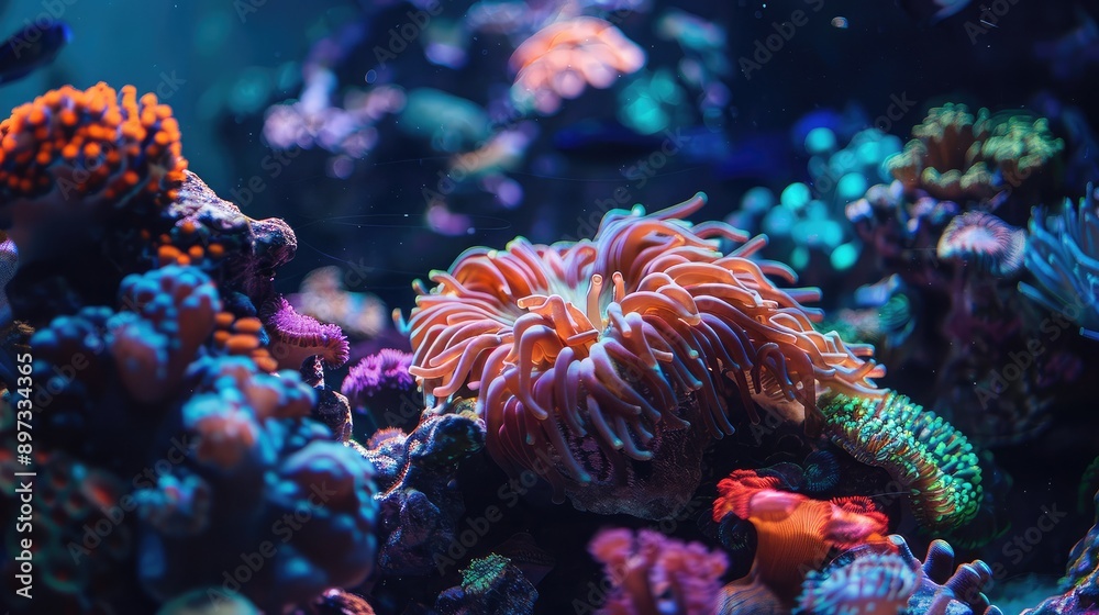 Fototapeta premium A close-up of a beautiful coral reef inside a fish tank, teeming with marine life.