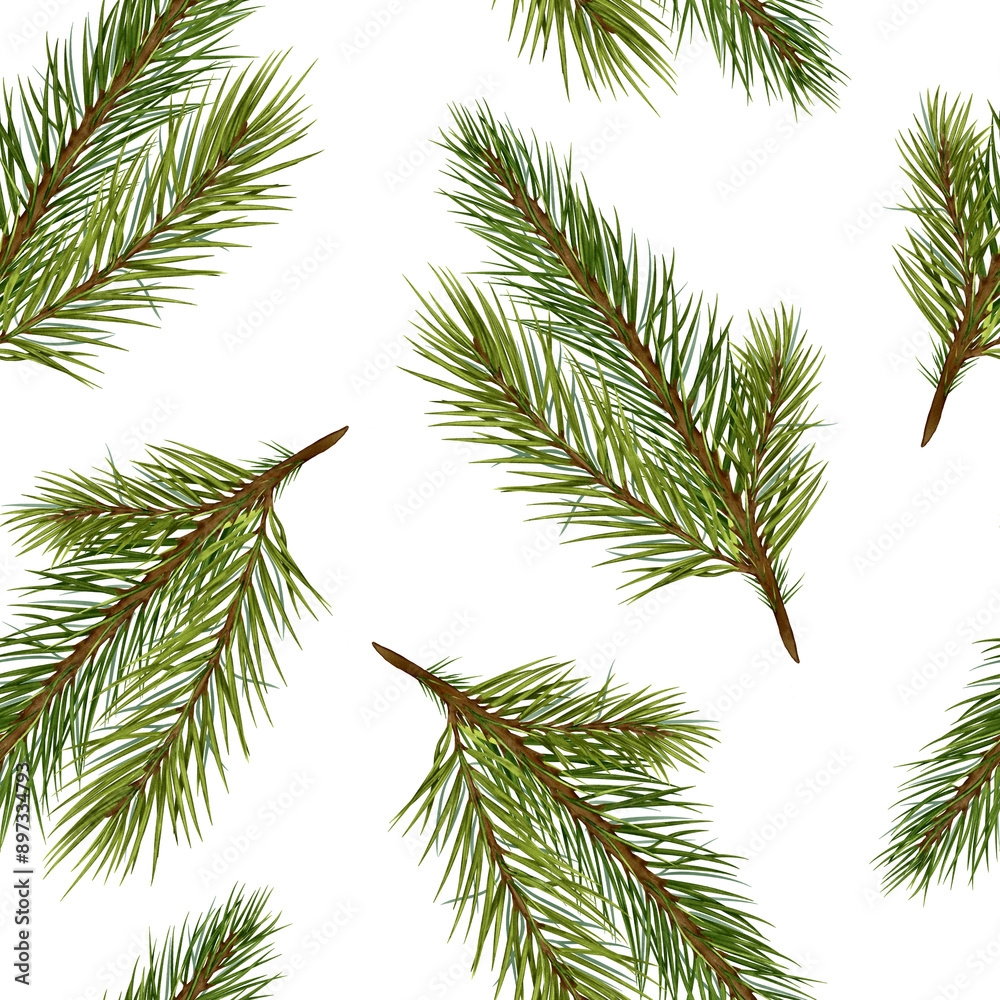 Pine tree branches on seamless watercolor pattern isolated on white. Botanical coniferous endless background. Christmas tree branches for wrapping paper, fabric, wallpapers, and seasonal package. Pine tree branches on seamless watercolor pattern isolated on white. Botanical coniferous endless background. Christmas tree branches for wrapping paper, fabric, wallpapers, and seasonal package.