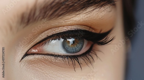 A close-up of a woman eye with perfectly applied eyeliner and mascara.