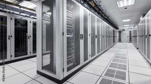 Server room with server racks, cables, raised floor tiles, and cooling units