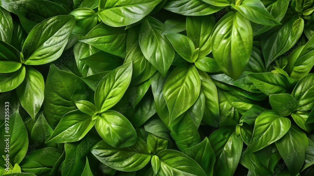 Dense cluster of green basil leaves, which are glossy, veiny, and have a vibrant green color, indicative of freshness and vitality