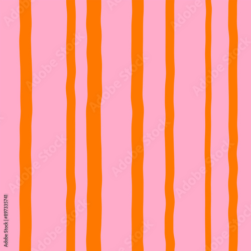 Abstract seamless pattern of red wavy vertical stripes on a pink background, hand drawn illustration