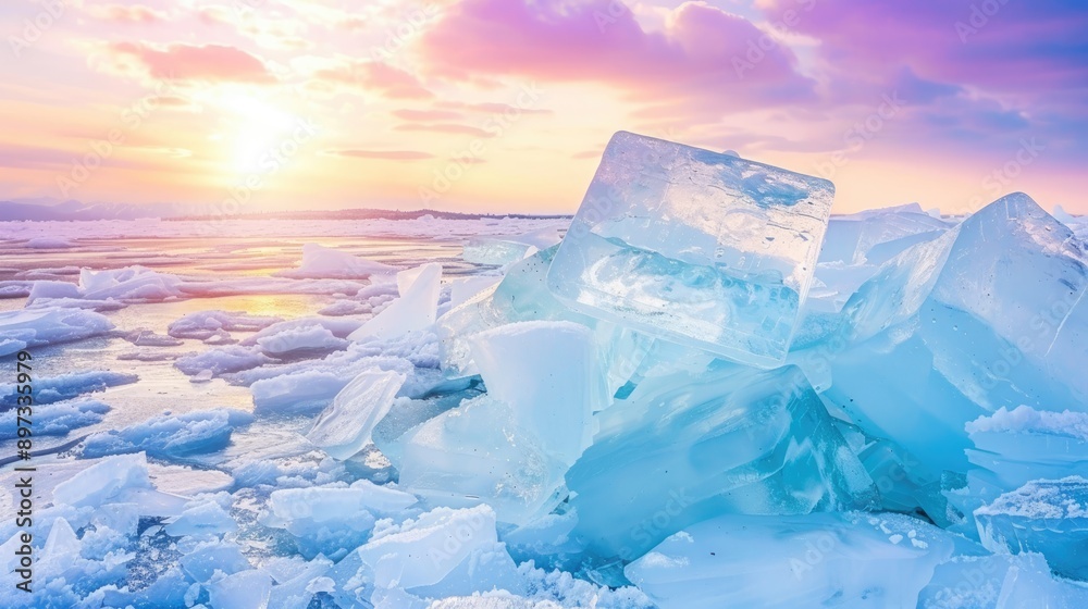 Melting Ice Sheets with Towering Icebergs Breaking Away in Arctic Melting Ice Sheets with Towering Icebergs Breaking Away in Arctic