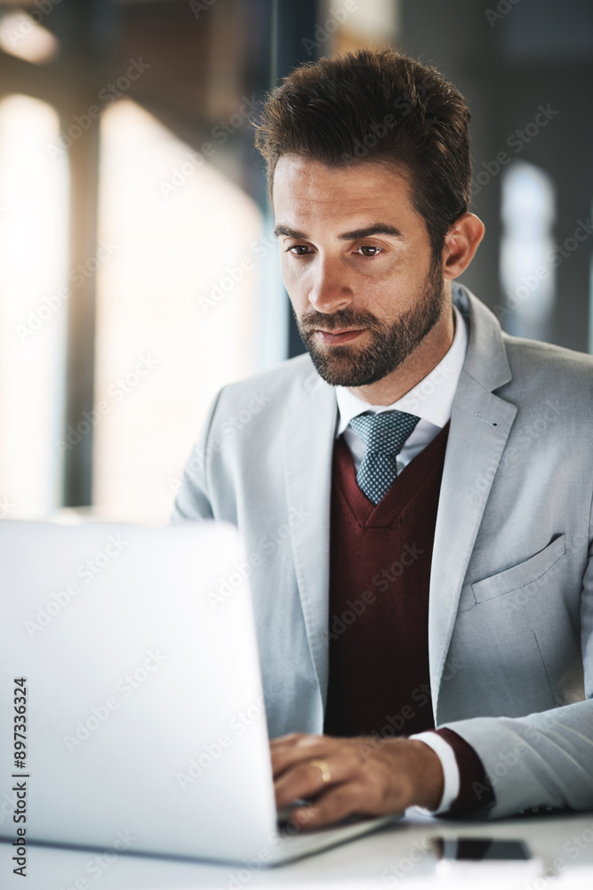 Business man, work and laptop in office for productivity, research and achievement of project goals. Corporate employee, career and tech in workplace for reading email, investment and revenue report Business man, work and laptop in office for productivity, research and achievement of project goals. Corporate employee, career and tech in workplace for reading email, investment and revenue report