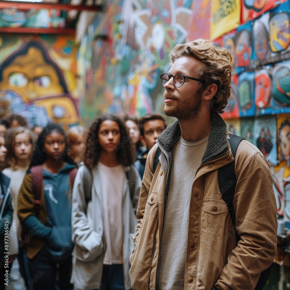 Unified Youth: Diverse Group of Students Engage with Male Teacher in Vibrant Classroom Setting Unified Youth: Diverse Group of Students Engage with Male Teacher in Vibrant Classroom Setting