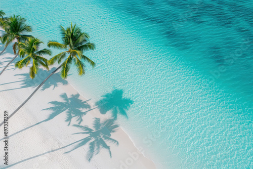 Aerial view of a pristine tropical beach with clear turquoise waters and white sand.