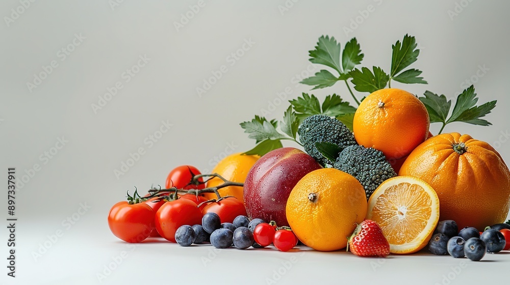 A bunch of fresh fruits and vegetables on a white background A bunch of fresh fruits and vegetables on a white background