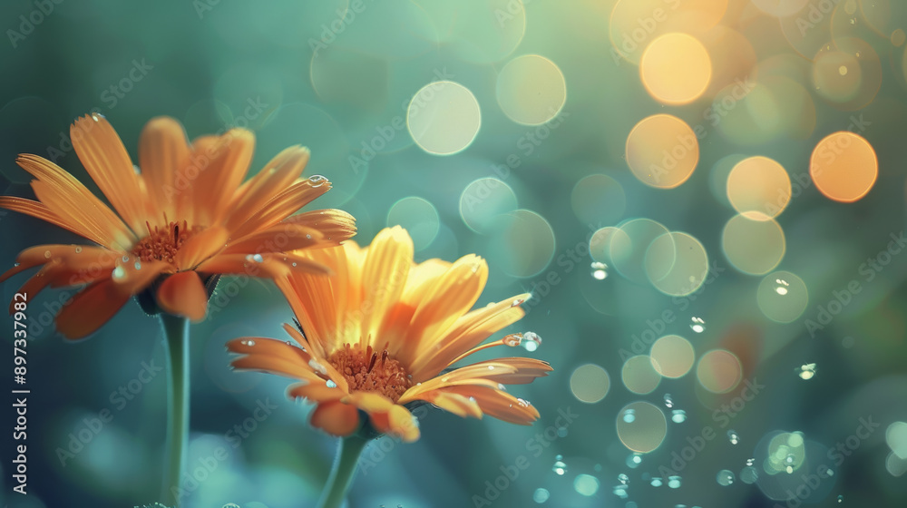Macro of two orange calendula flowers against a teal background with bokeh bubbles, light, and magical particles in the air. The image features a shallow depth of field, soft focus, and light shining Macro of two orange calendula flowers against a teal background with bokeh bubbles, light, and magical particles in the air. The image features a shallow depth of field, soft focus, and light shining